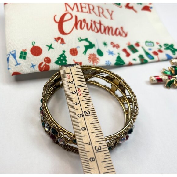 Merry Christmas Pouch W/Gold Bangles & Candy Cane Brooch Set - Picture 2 of 6